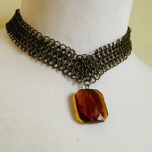 Vintage Chain Maille choker with topaz tone pendant